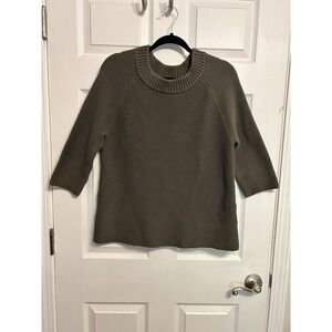 Talbots Women's Large Rib Knit Short 3/4 Sleeve Mock Neck Green Cotton Sweater